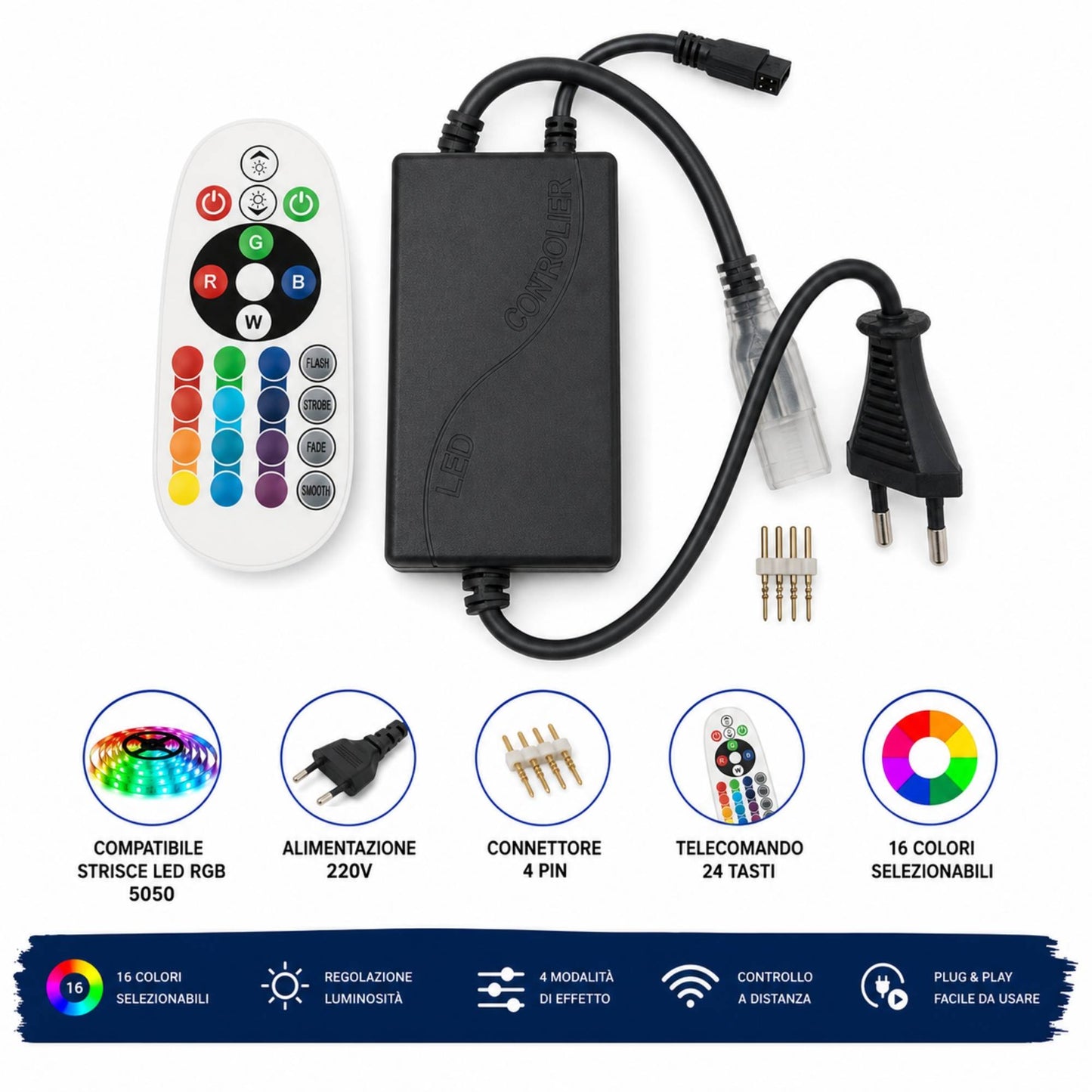 Alimentatore Controller 220V Con Telecomando 24 Tasti Per Striscia LED RGB 5050