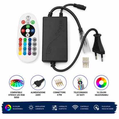 Alimentatore Controller 220V Con Telecomando 24 Tasti Per Striscia LED RGB 5050