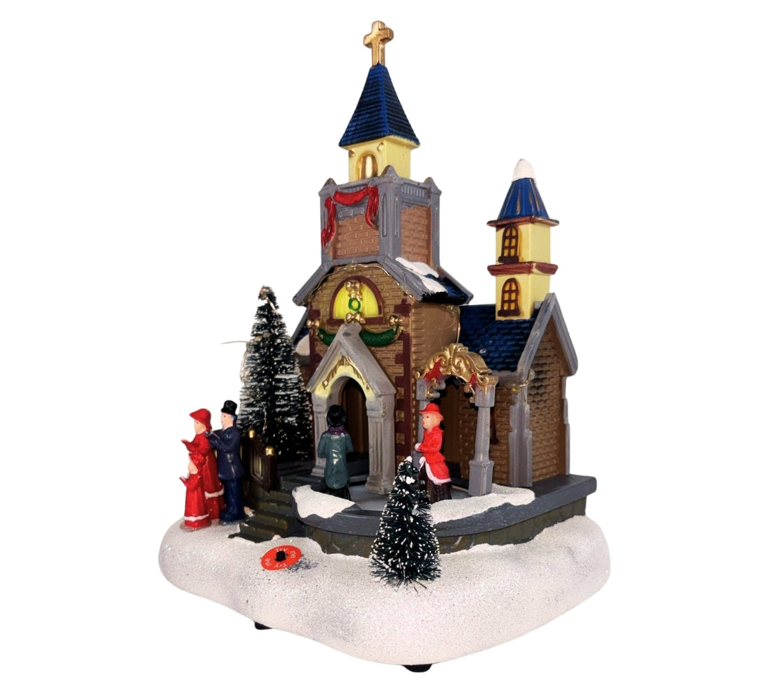 Giostrina Natalizia Chiesa con Personaggi in Movimento Luci LED Musica di Natale