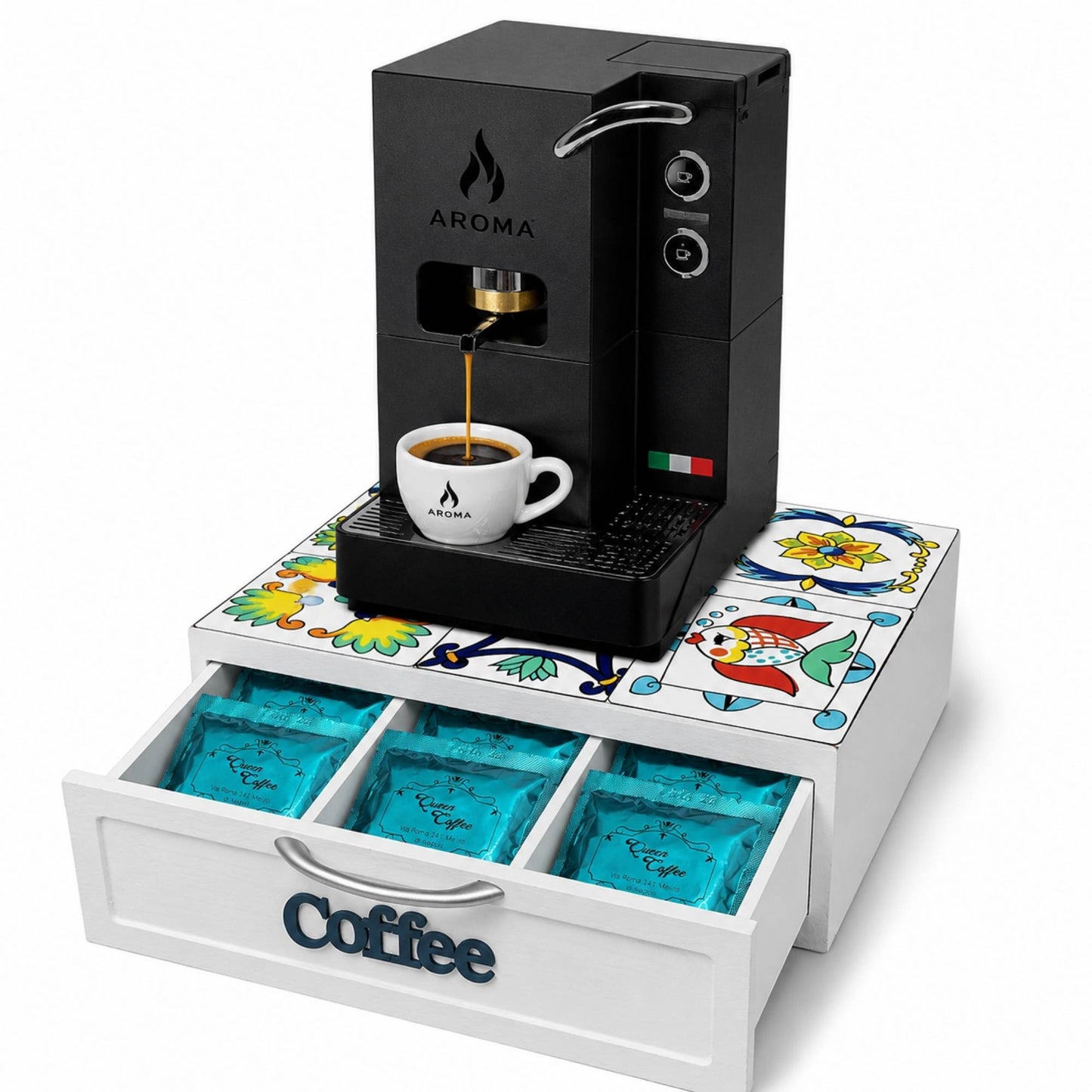 Cassetto Porta Cialde Caffè 3 Scomparti Legno Bianco Maioliche Pesce 30x30x10 cm