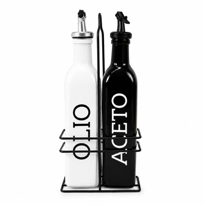 Set Olio Aceto 2 Bottiglie da 500ml con Supporto Metallo Dosatore Cucina Design