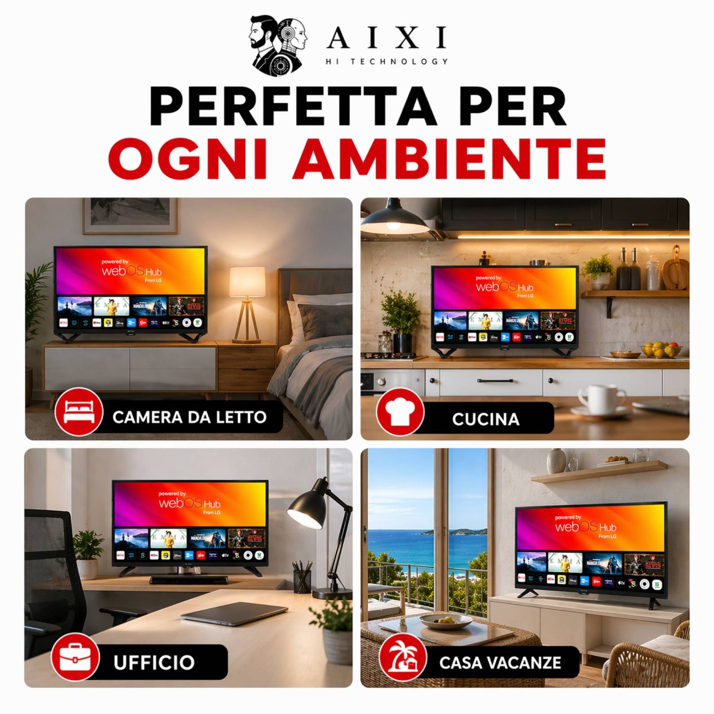 Tv Smart 32" AIXI Televisore LED HD Ready WiFi BT Dvbt-2 WebOS Hub HDMI USB