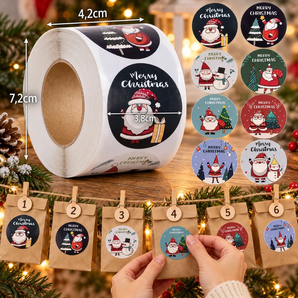 500 Adesivi Natalizi Tondi 3,8 cm 8 Motivi Merry Christmas Regali Buste