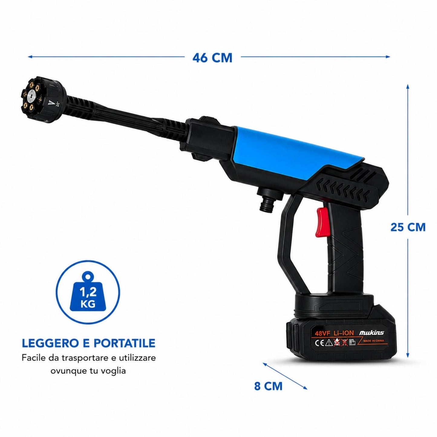 Idropulitrice Portatile Batteria 48V 180W 2 Batterie 6 Getti Lavaggio Auto