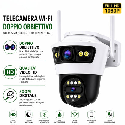 Telecamera wifi doppio obiettivo esterna senza fili hd notturna allarme sicurezza casa