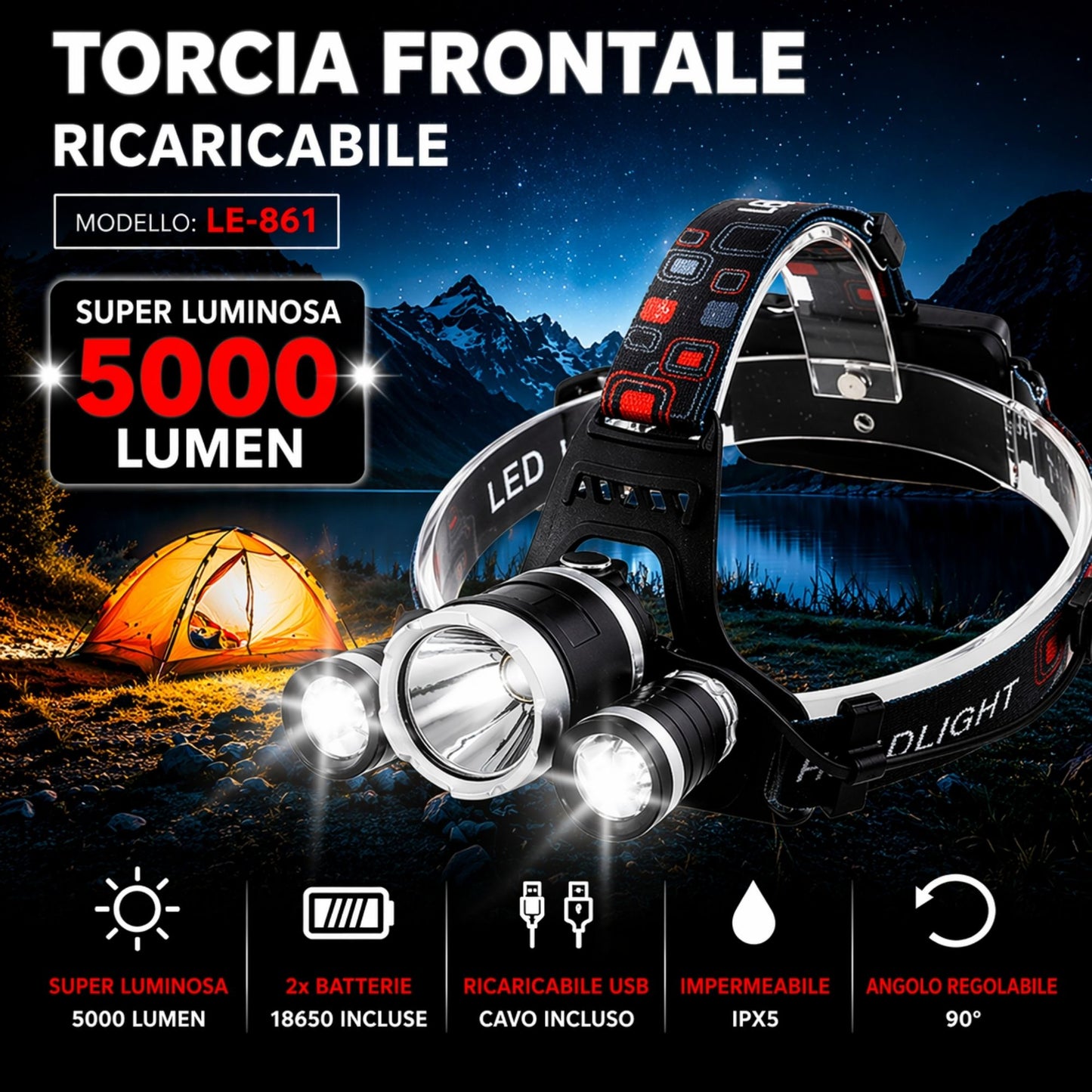 Torcia Frontale 3 LED 5000 Lumen USB Ricaricabile Impermeabile 2 Batterie 18650