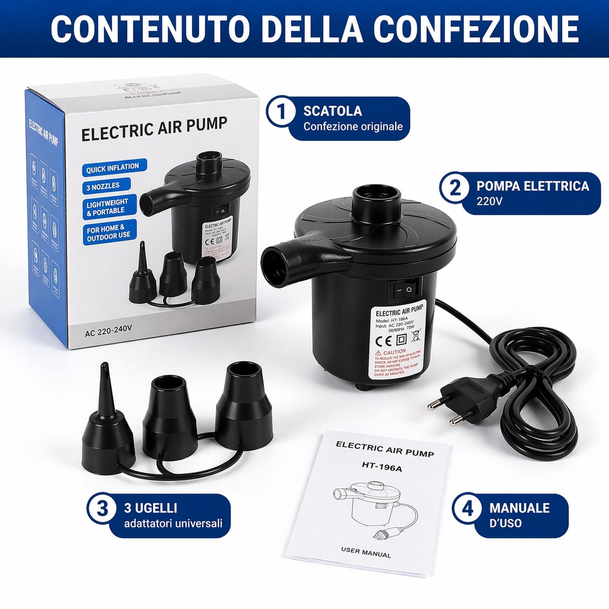 Pompa Elettrica 220V Gonfiabili Piscina Materassini Gommoni Gonfiatore 3 Ugelli