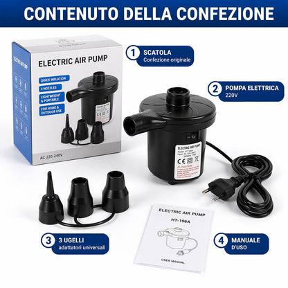 Pompa Elettrica 220V Gonfiabili Piscina Materassini Gommoni Gonfiatore 3 Ugelli