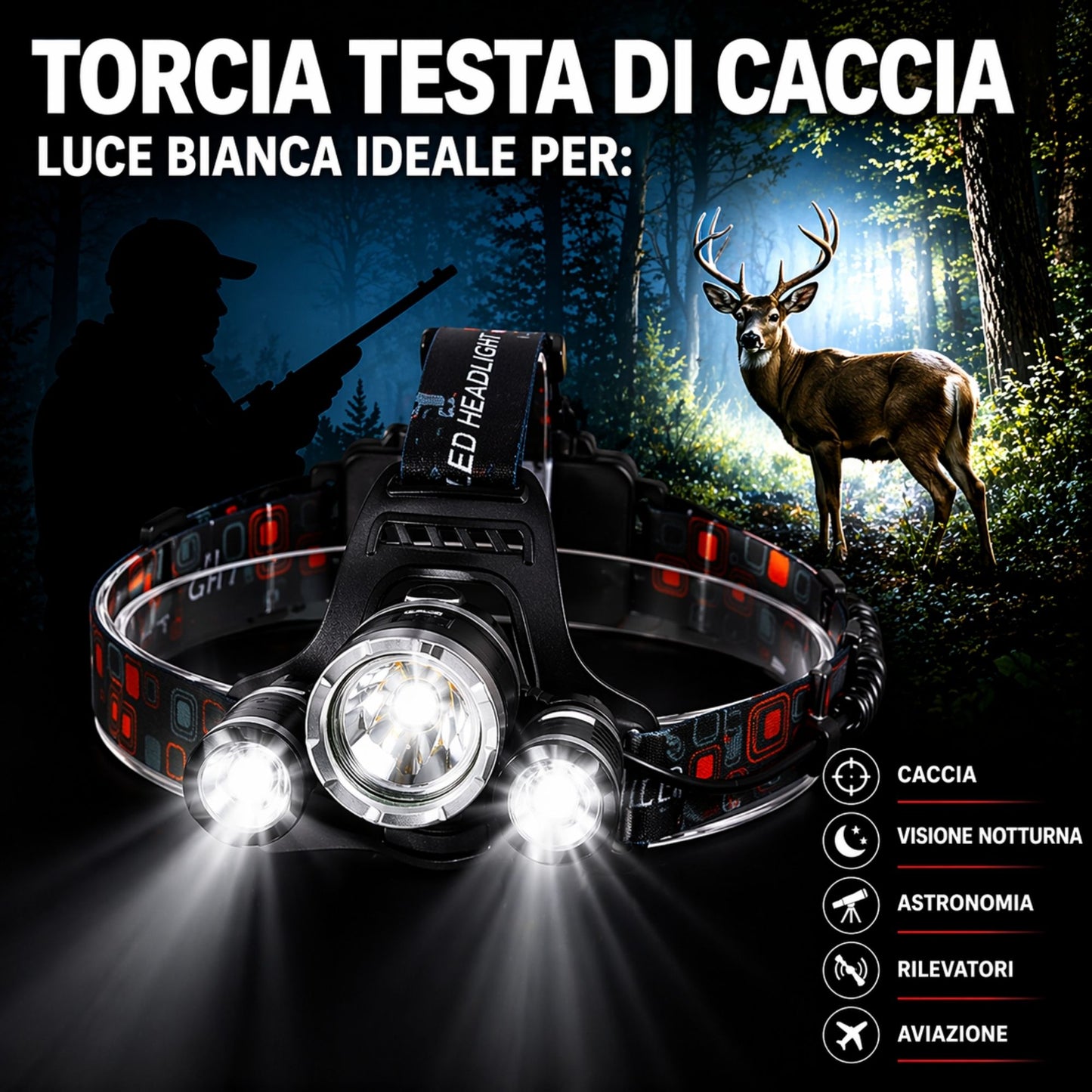 Torcia Frontale 3 LED 5000 Lumen USB Ricaricabile Impermeabile 2 Batterie 18650