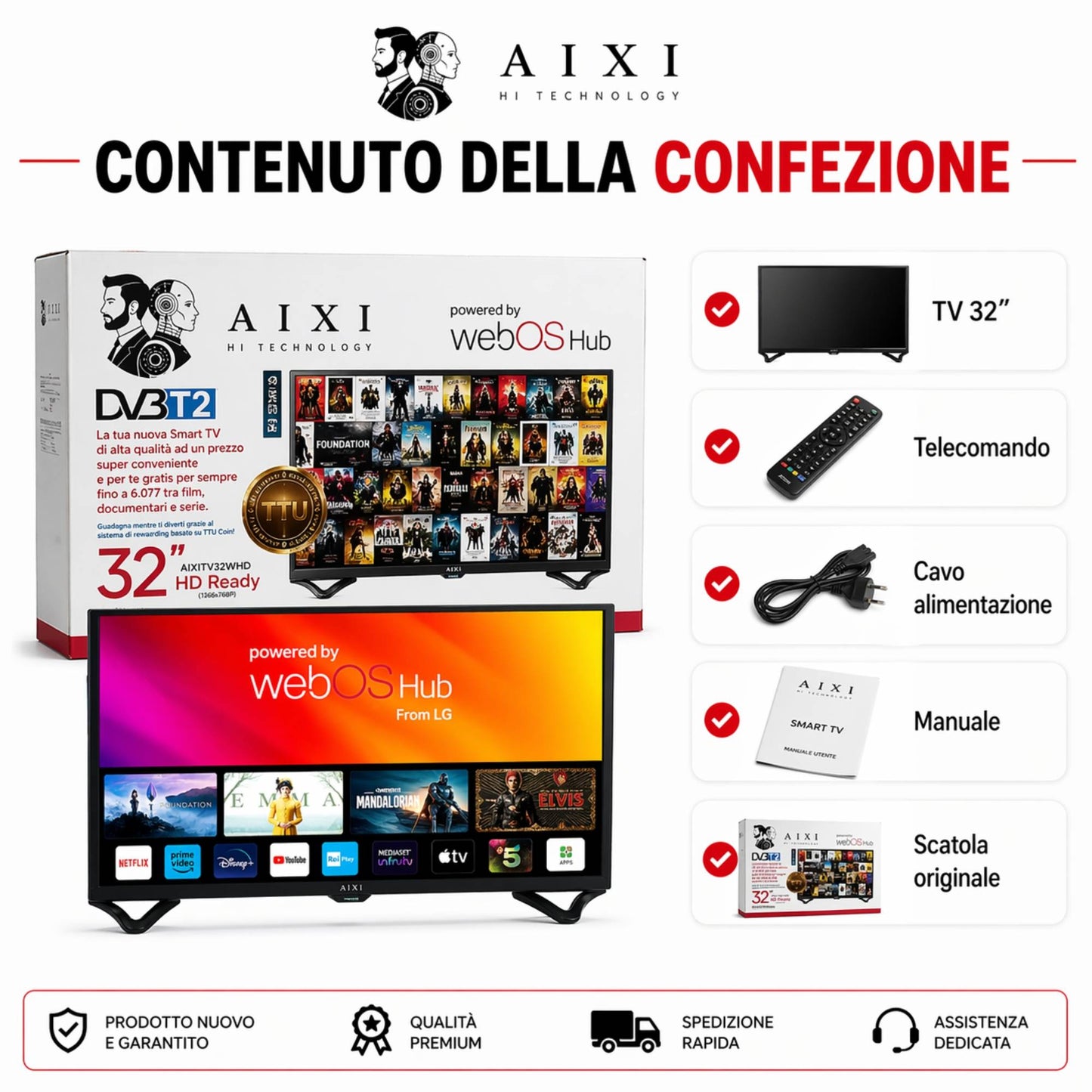 Tv Smart 32" AIXI Televisore LED HD Ready WiFi BT Dvbt-2 WebOS Hub HDMI USB