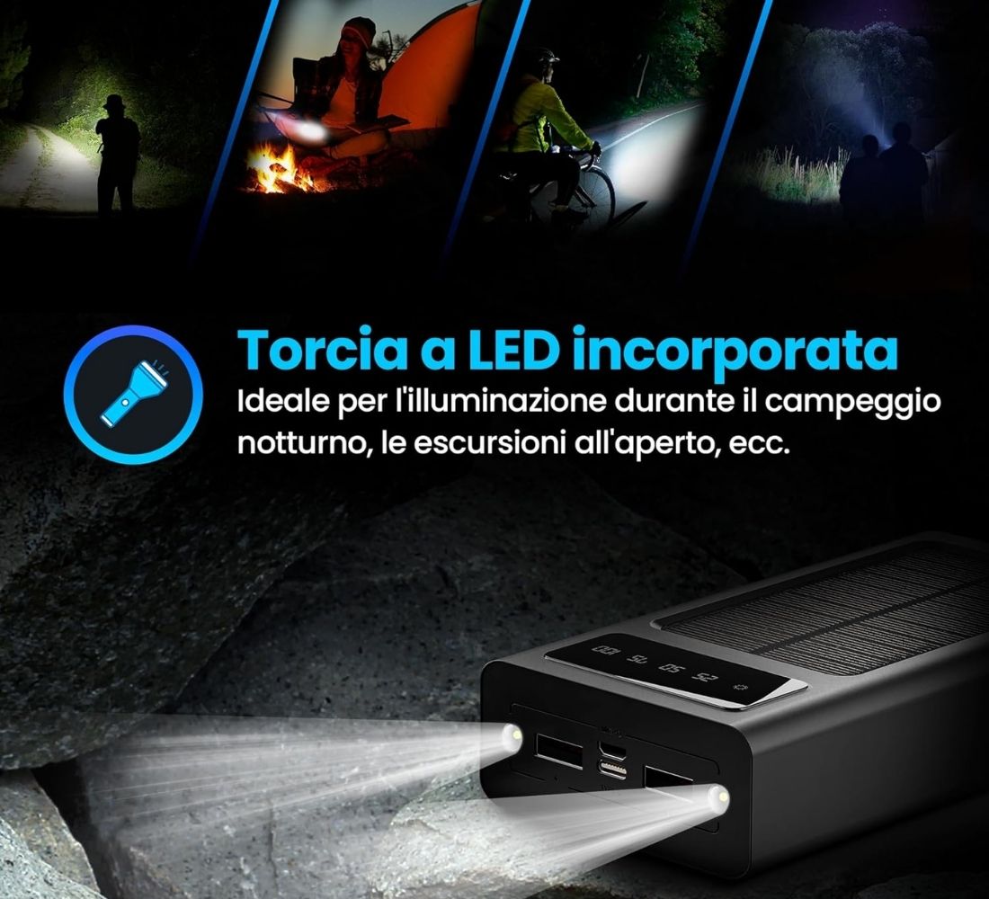 Power Bank Solare 50000 mAh Impermeabile Ricarica Rapida 4 Cavi USB Luce LED