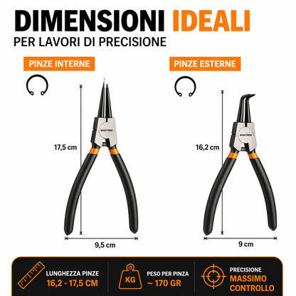 SET 4 Pinze Seeger Anelli Elastici Fermi Interne Esterne Dritte Curve Acciaio