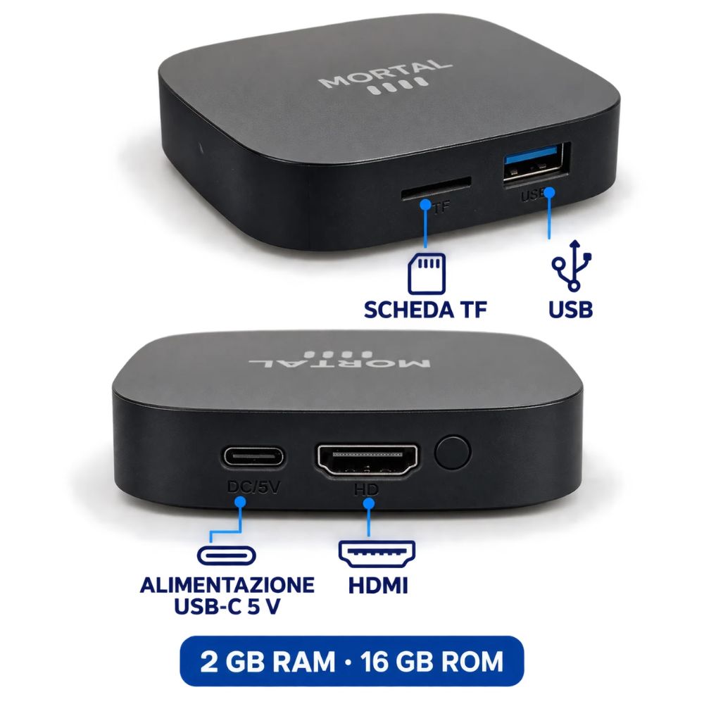TV Box Android 8K 2GB RAM 16GB ROM WiFi HDMI Telecomando Vocale