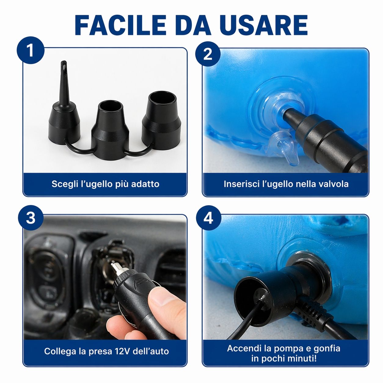 Pompa Elettrica 12V Auto Gonfiabili Materassini Piscina Gonfiatore 3 Ugelli