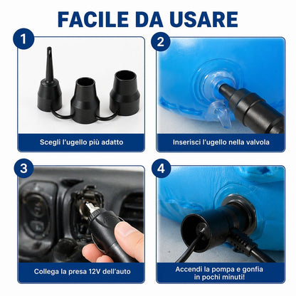 Pompa Elettrica 12V Auto Gonfiabili Materassini Piscina Gonfiatore 3 Ugelli