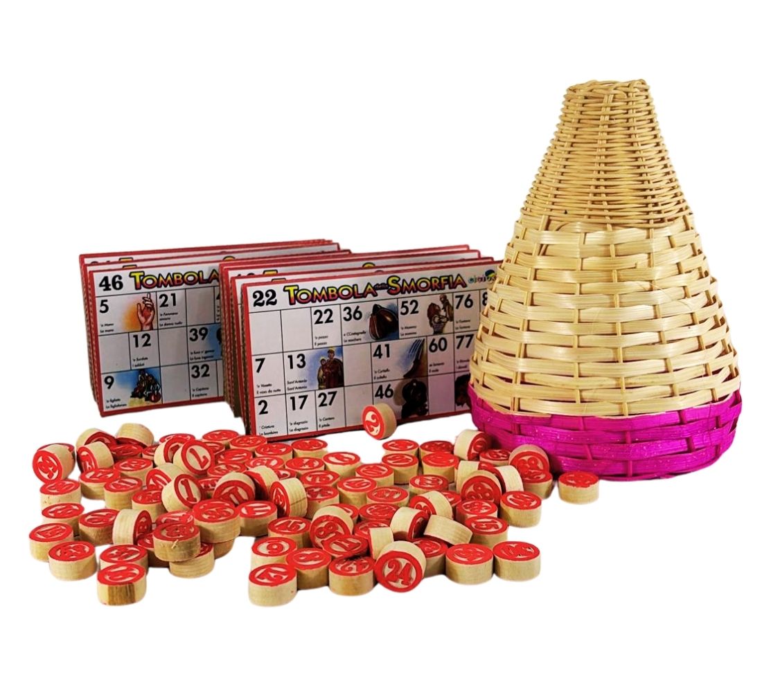 Tombola Napoletana Tradizionale Set Cestino 48 Cartelle 90 Numeri in Legno