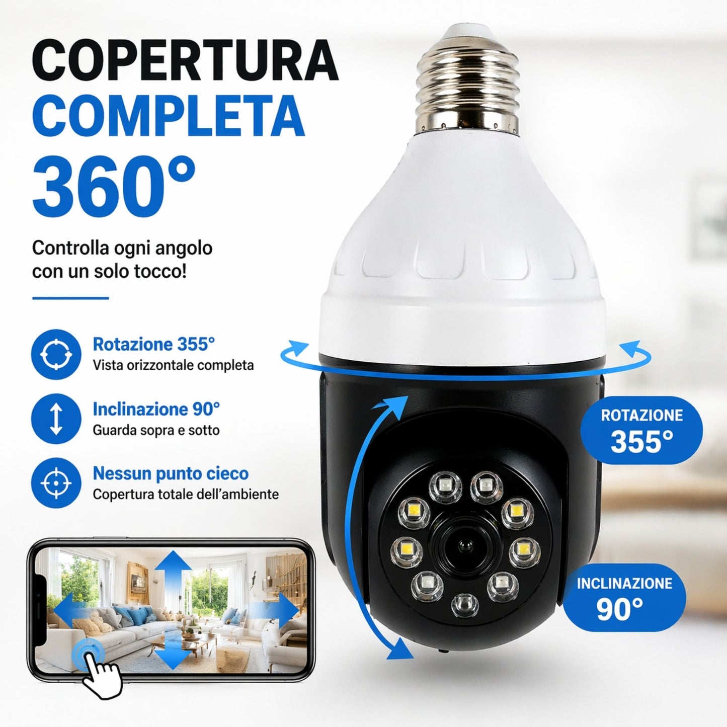 Telecamera WiFi Lampadina 360° 1080P IP Bulb Camera E27 Visione Notturna