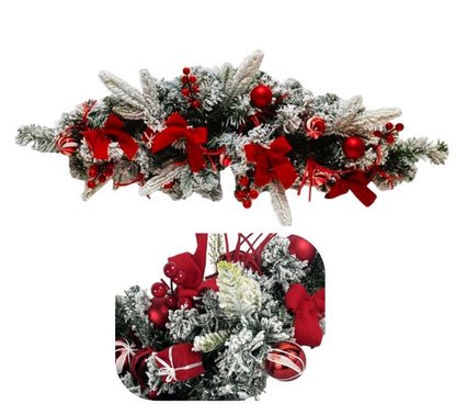Ghirlanda Natalizia Cornicione Decorato Innevato Fiocco Palline 80 cm Natale