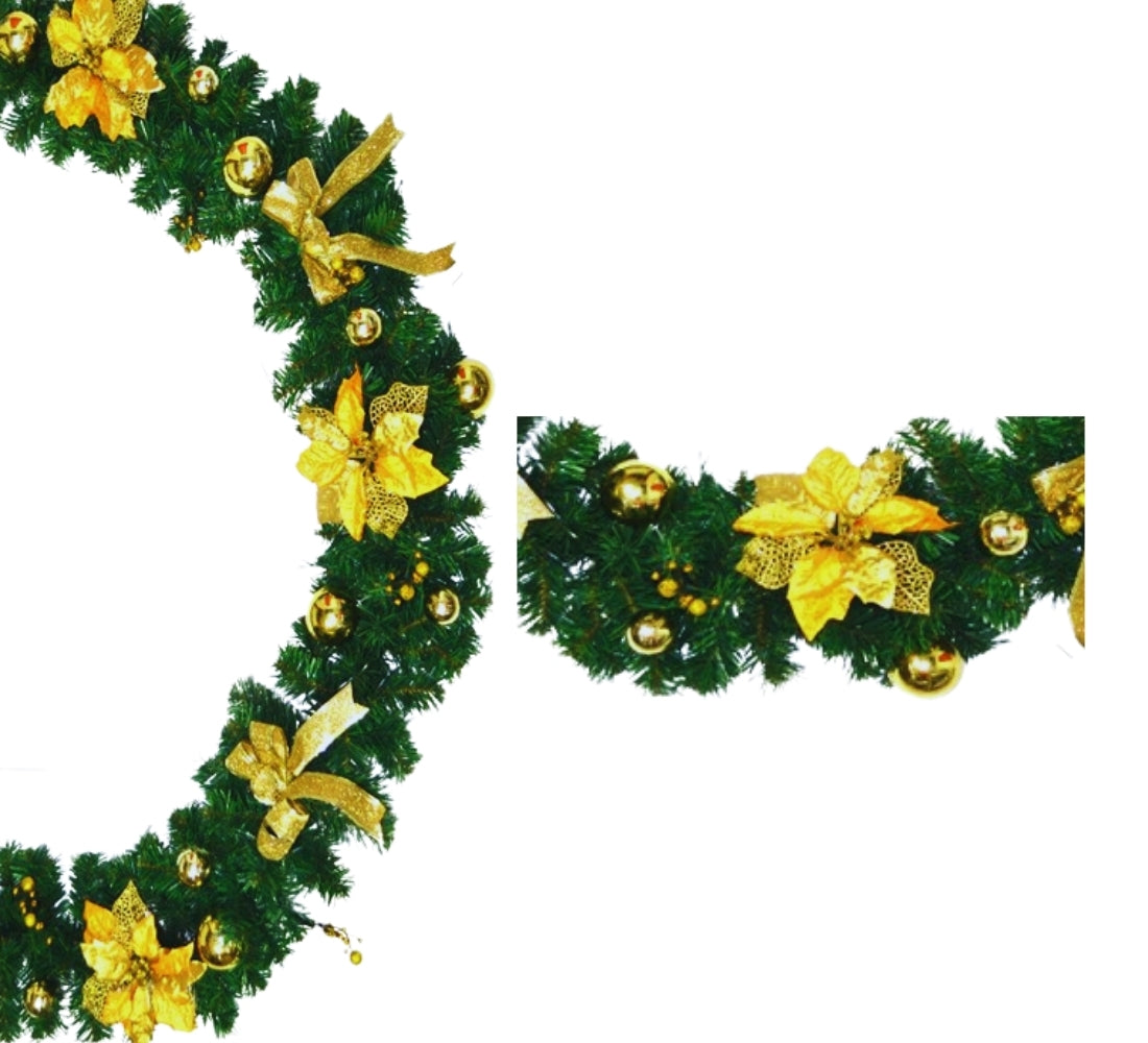 Ghirlanda Folta 2 Metri Addobbata Natalizia Fiori e Palline Oro Decorazioni di Natale Fair
