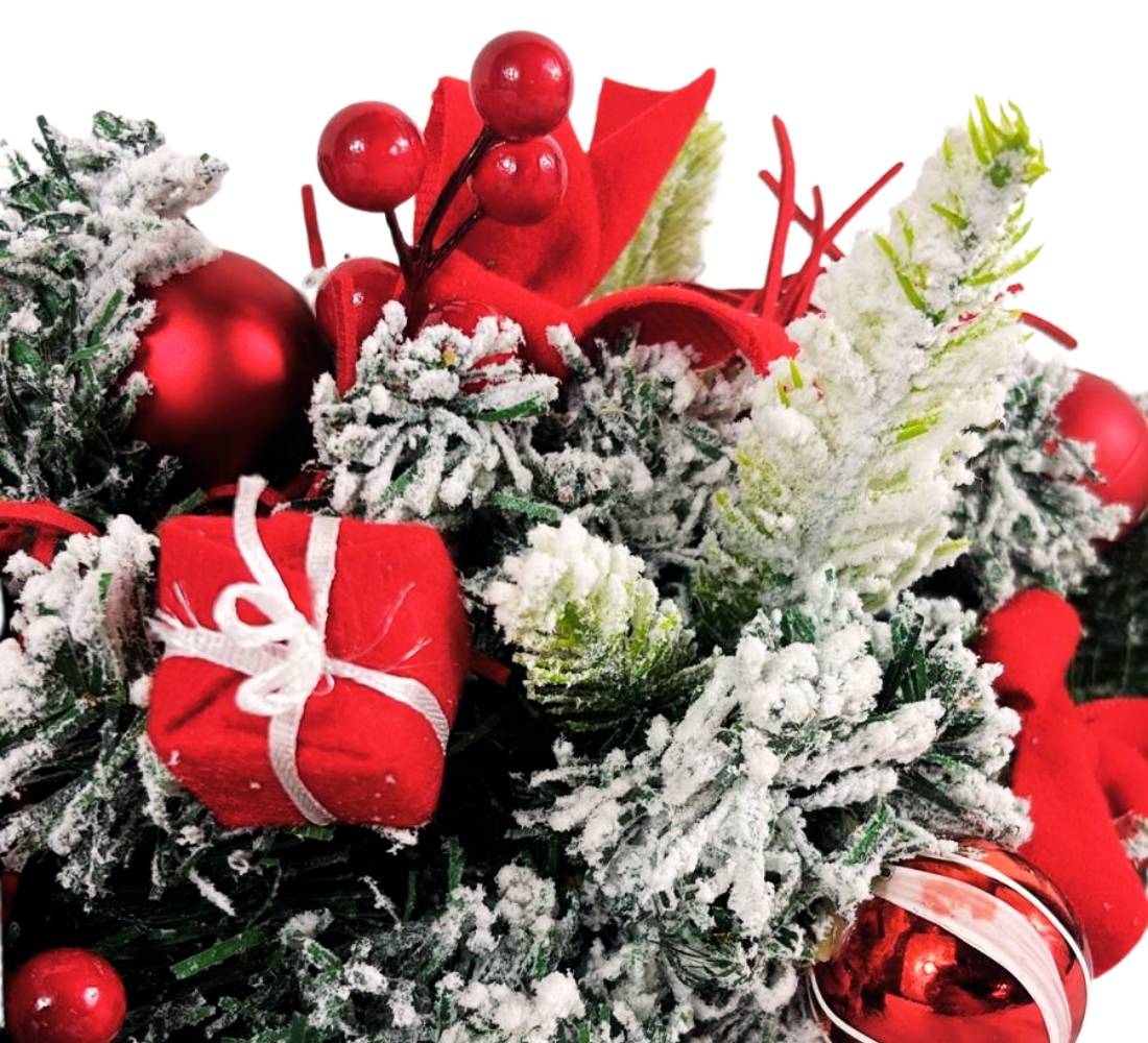 Ghirlanda Natalizia Cornicione Decorato Innevato Fiocco Palline 80 cm Natale