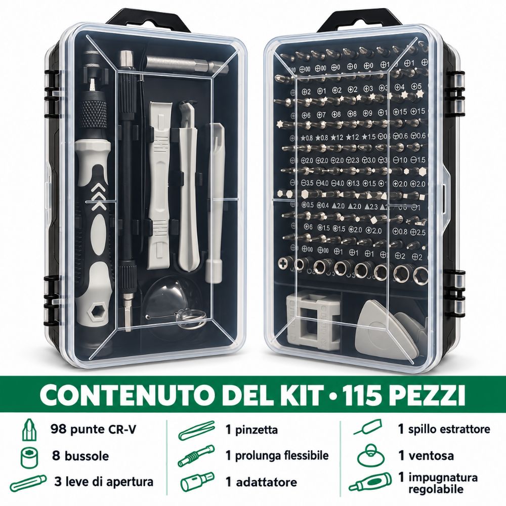 Kit Cacciaviti di Precisione 115 in 1 Magnetici per Smartphone PC e Tablet