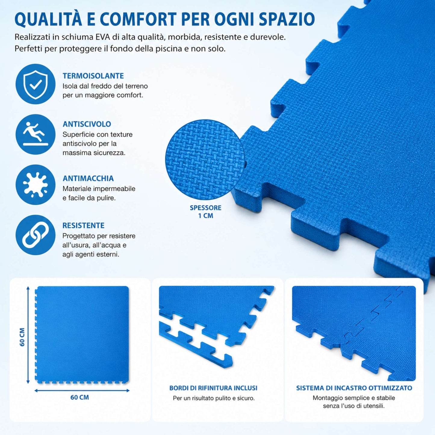 Tappeto Puzzle EVA Fondo Piscina 4 Pezzi 60x60x1 cm Tappetino Antiscivolo Blu
