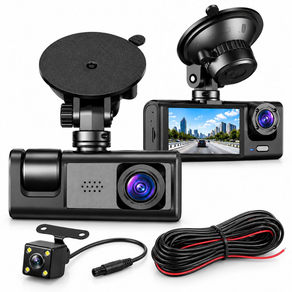 Dashcam Auto 3 Telecamere 1080P WiFi G-Sensor con Camera Posteriore e Ventosa
