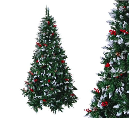Albero di Natale 120 cm Folto Verde Pigne Bacche Punte Neve 194 Punte Ø 65 cm