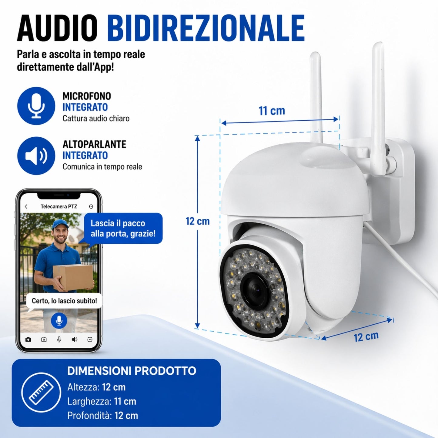 Telecamera WiFi Interno Esterno IP66 1080P HD PTZ Visione Notturna Audio App JT