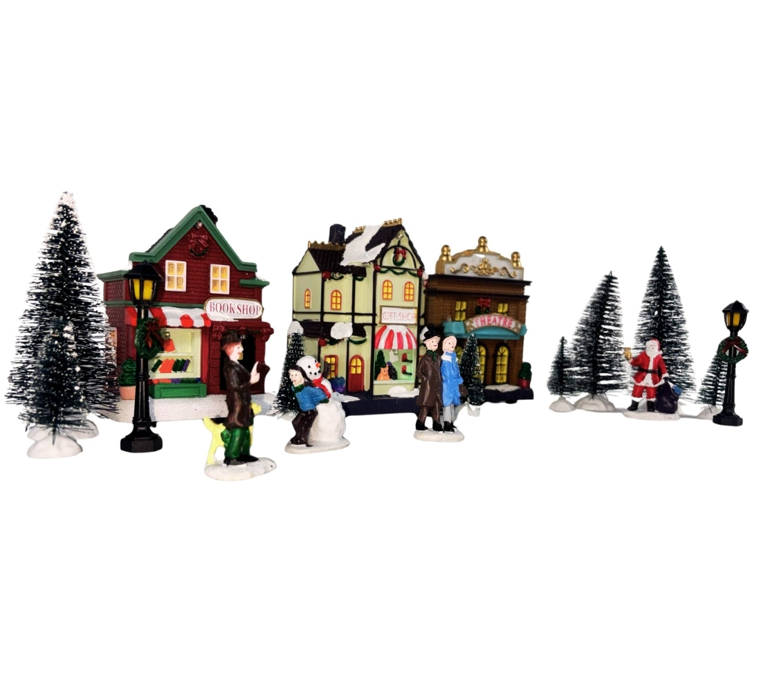 Villaggio Natalizio Casette Personaggi Alberi Natale Scenario 17pz Luci LED