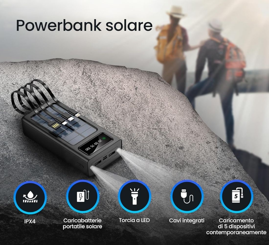 Power Bank Solare 50000 mAh Impermeabile Ricarica Rapida 4 Cavi USB Luce LED