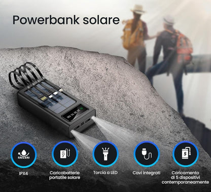 Power Bank Solare 50000 mAh Impermeabile Ricarica Rapida 4 Cavi USB Luce LED