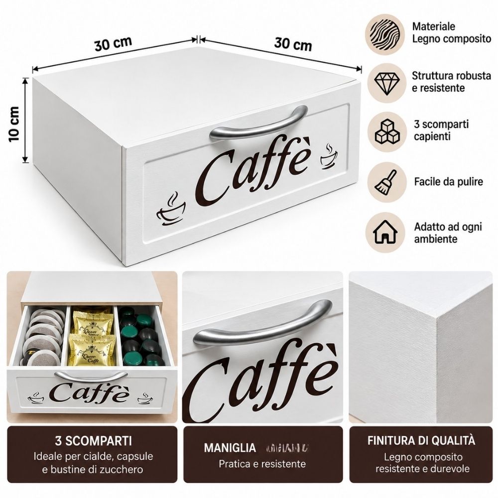 Cassetto Porta Cialde Capsule in Legno Organizer 30x30x10 cm Bianco Coffee