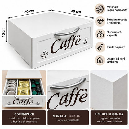 Cassetto Porta Cialde Capsule in Legno Organizer 30x30x10 cm Bianco Coffee