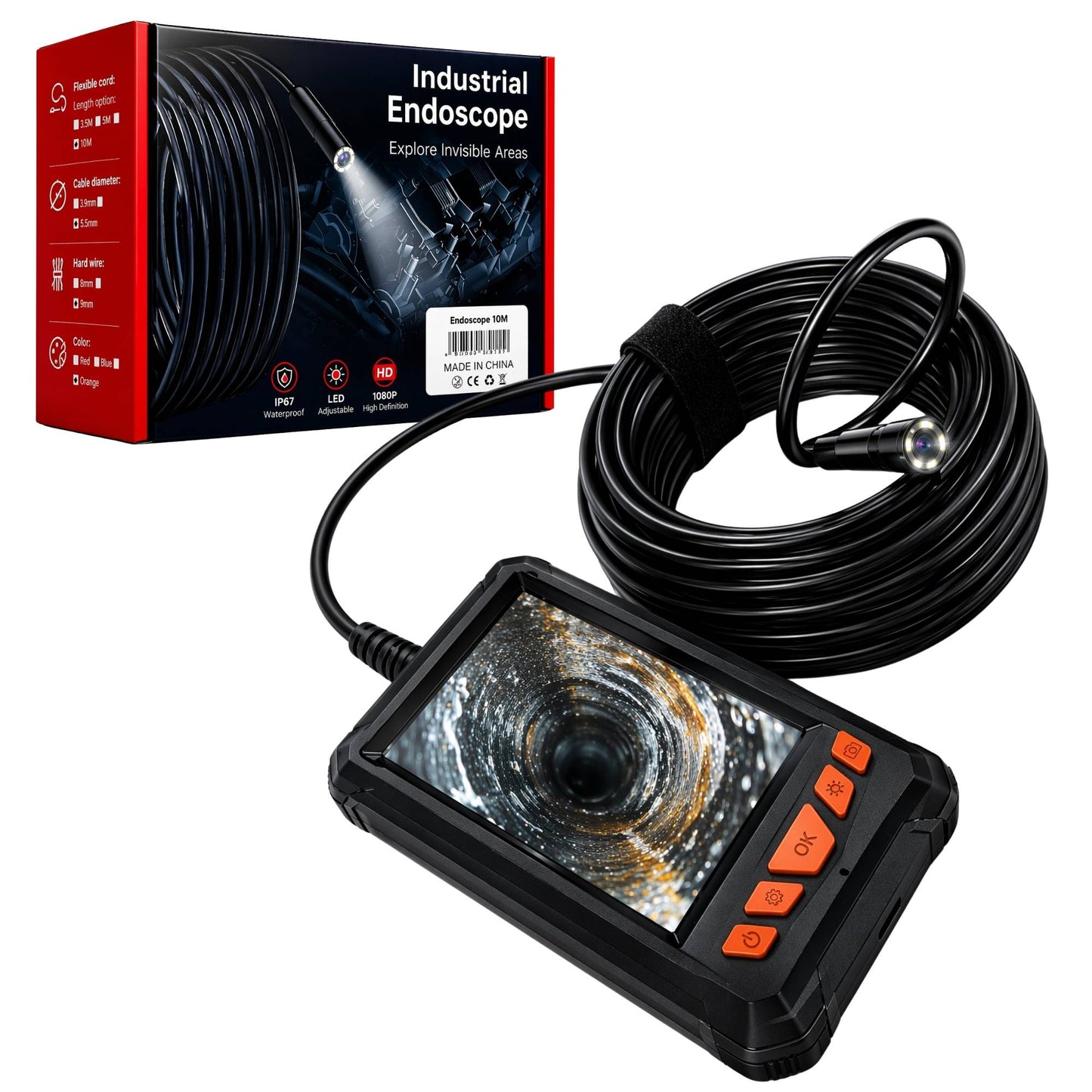 Endoscopio 10m 1080P HD Telecamera Ispezione Display 4,3" LCD IP67 LED