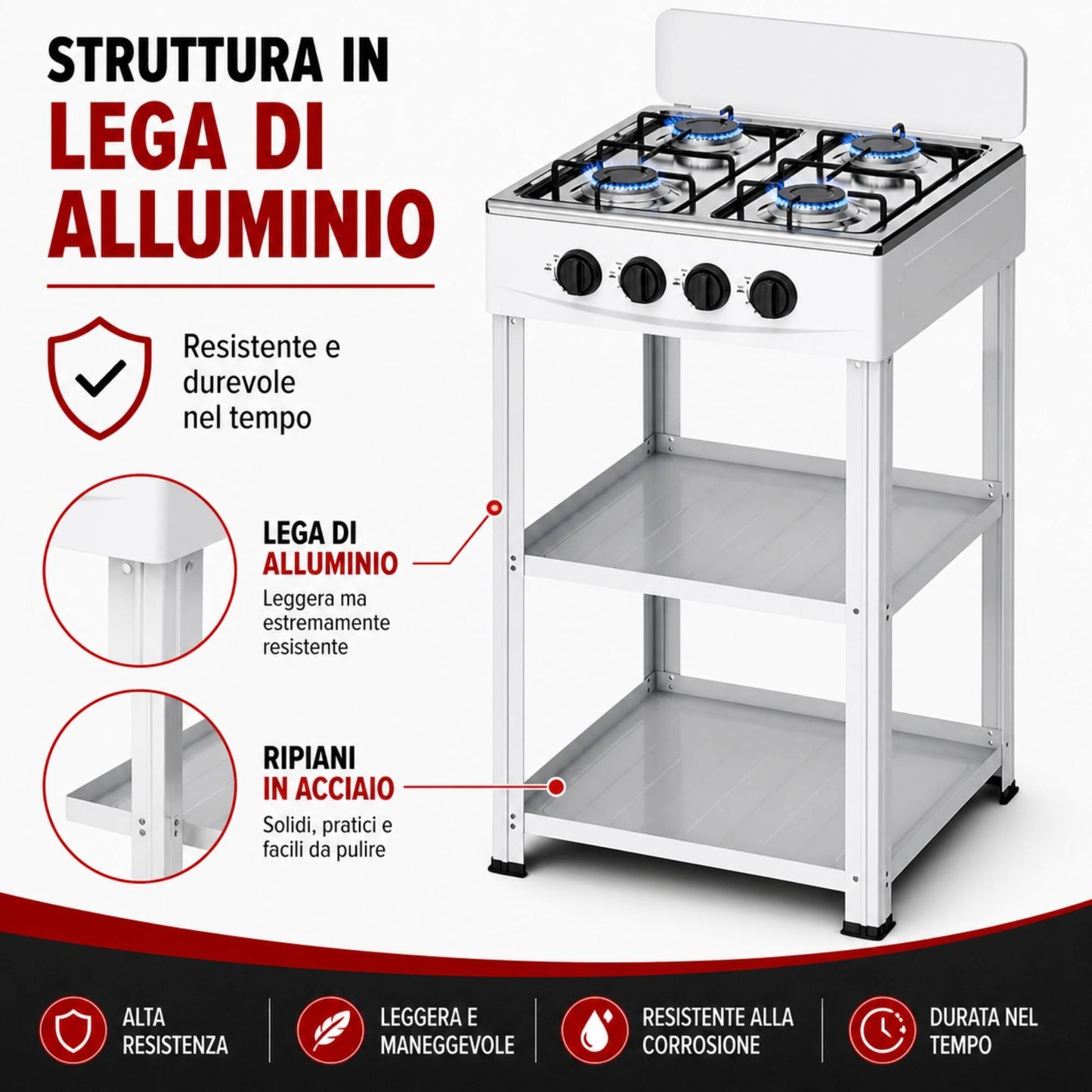 Fornello Gas 4 Fuochi con Ripiani Acciaio Cucina Esterno Mobile Compatto Bianco