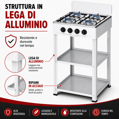 Fornello Gas 4 Fuochi con Ripiani Acciaio Cucina Esterno Mobile Compatto Bianco