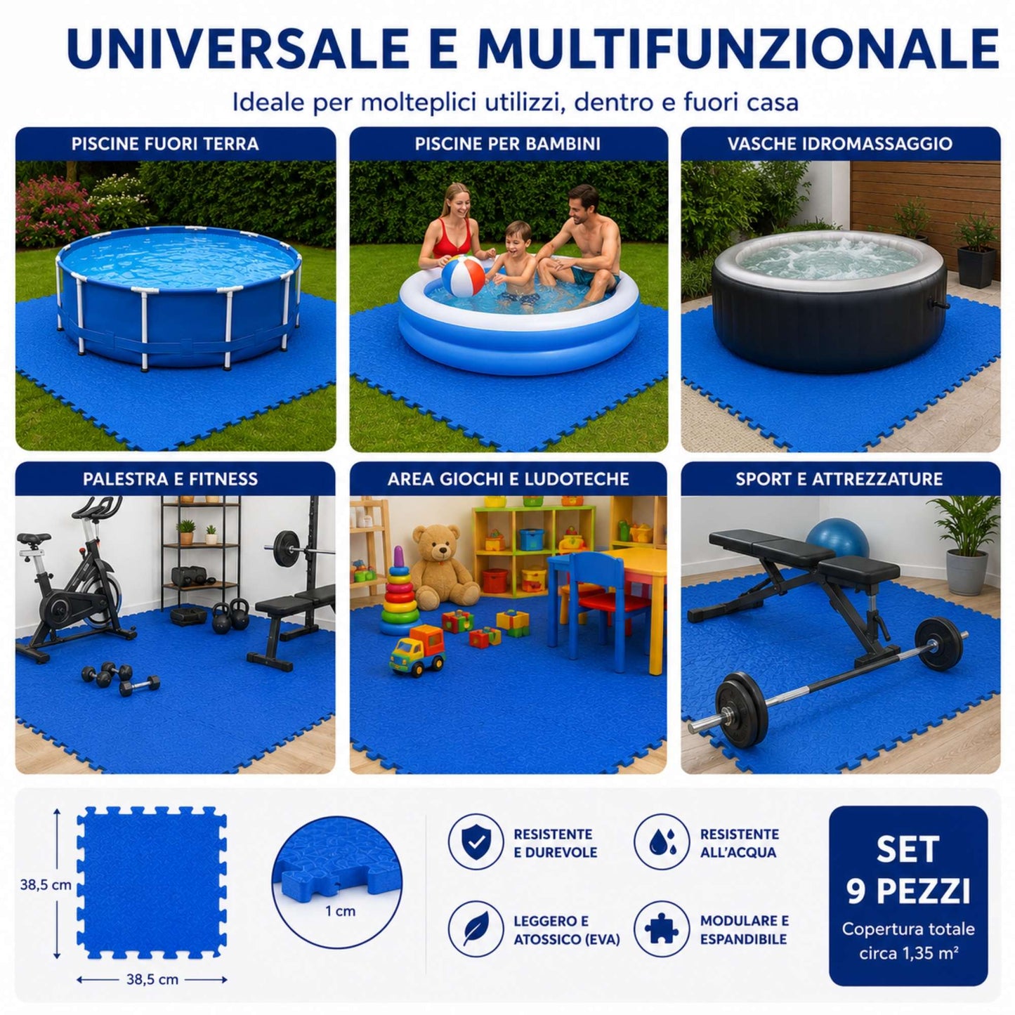 Tappeto Puzzle EVA Fondo Piscina 9 Pezzi 38,5x38,5x1cm Tappetino Blu Antiscivolo