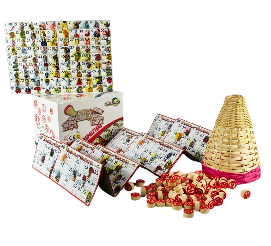 Tombola Napoletana Tradizionale Set Cestino 48 Cartelle 90 Numeri in Legno