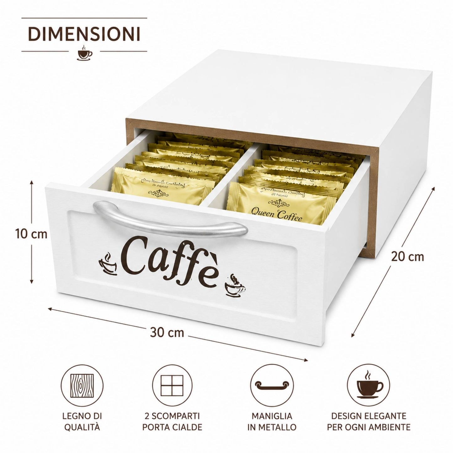 Cassetto Porta Cialde Caffè in Legno Bianco 2 Scomparti 30x20x10 cm Maniglia