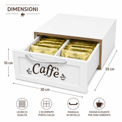 Cassetto Porta Cialde Caffè in Legno Bianco 2 Scomparti 30x20x10 cm Maniglia