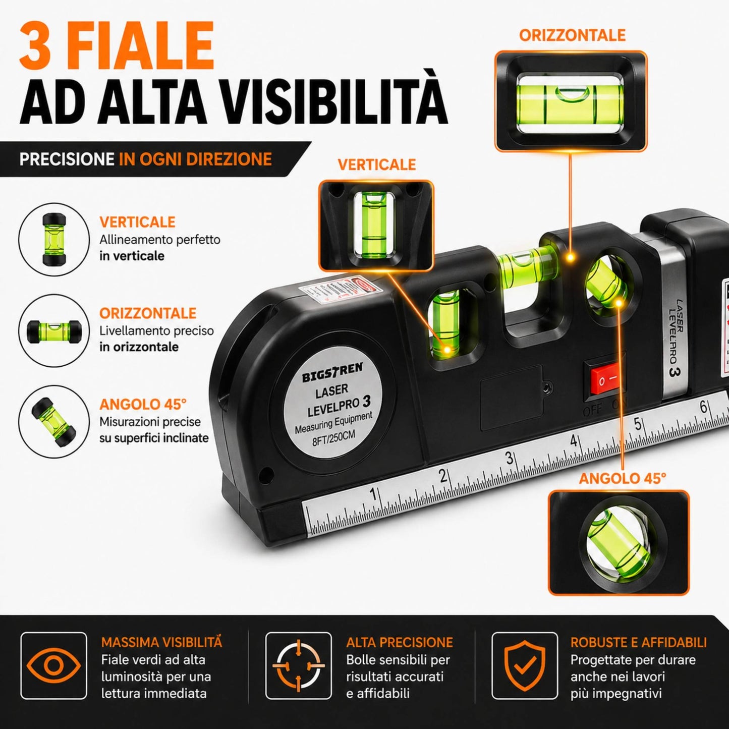 Livella Laser con Metro a Nastro 250 cm Misuratore Linee Multifunzione