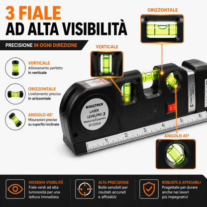 Livella Laser con Metro a Nastro 250 cm Misuratore Linee Multifunzione