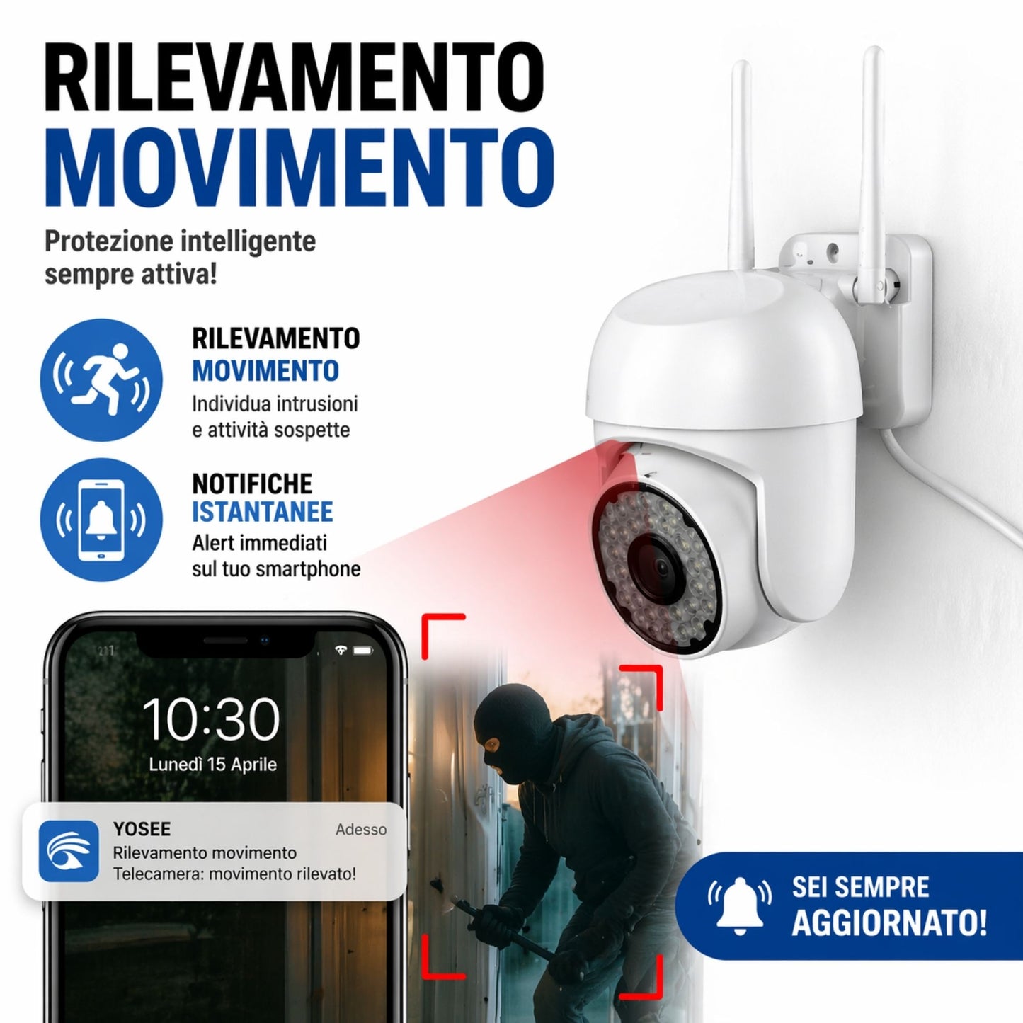 Telecamera WiFi Interno Esterno IP66 1080P HD PTZ Visione Notturna Audio App JT