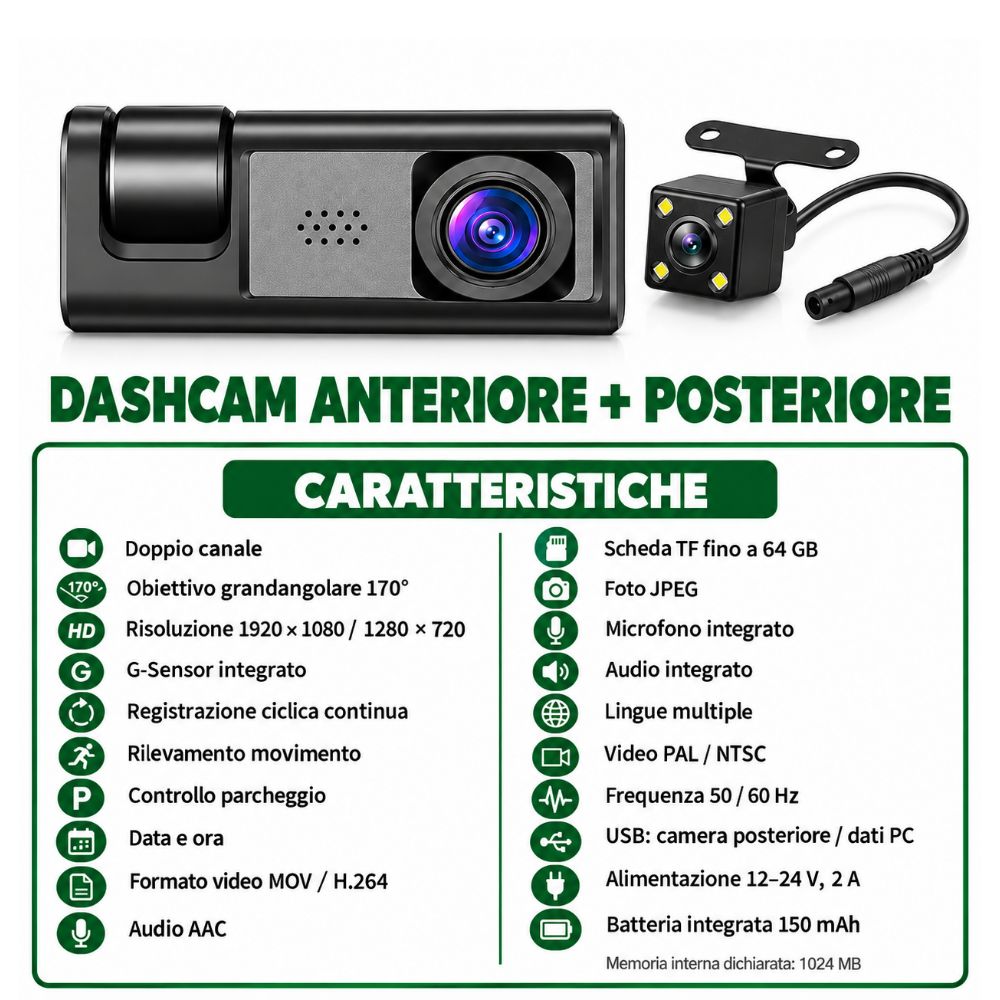 Dashcam Auto 3 Telecamere 1080P WiFi G-Sensor con Camera Posteriore e Ventosa