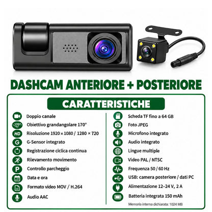 Dashcam Auto 3 Telecamere 1080P WiFi G-Sensor con Camera Posteriore e Ventosa