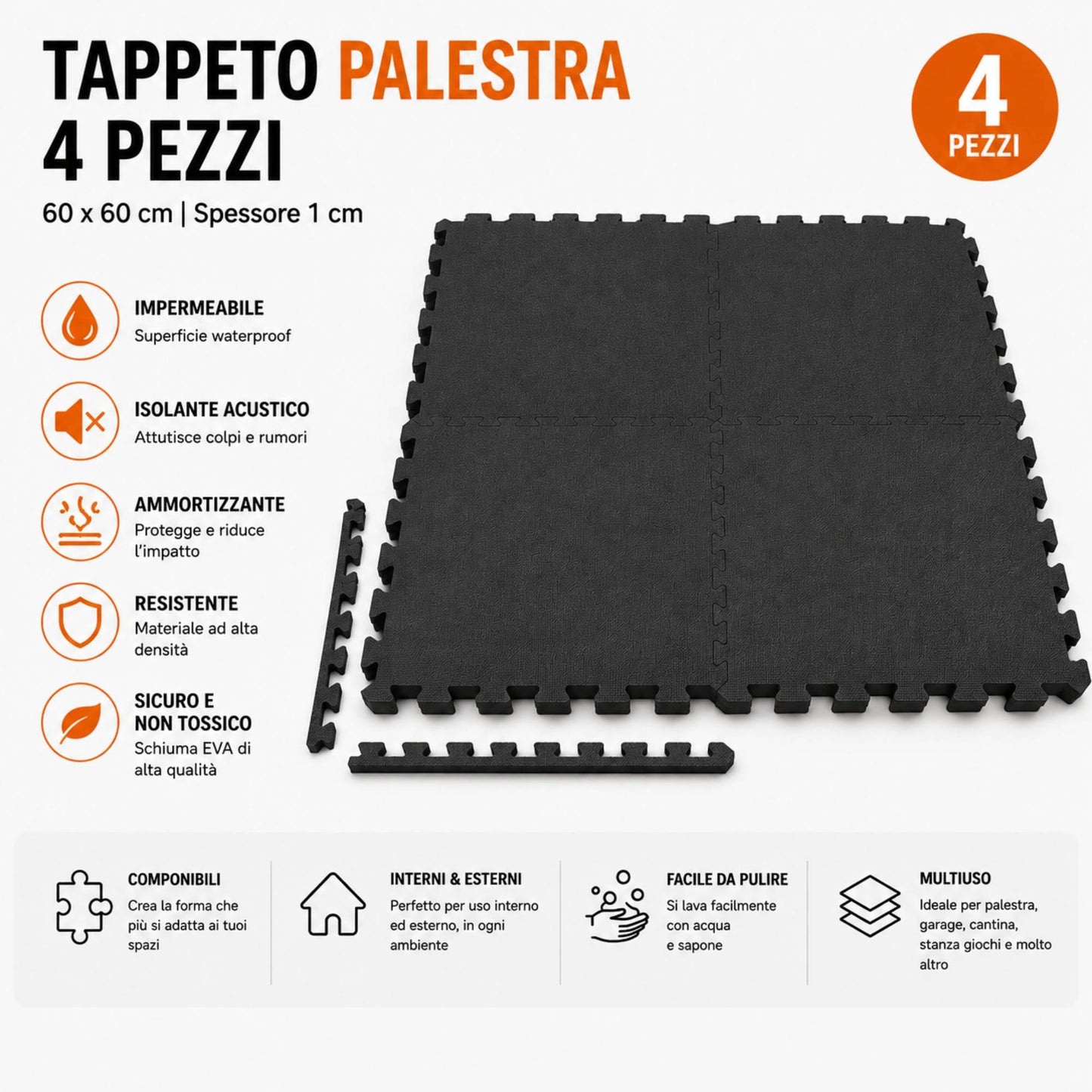 Tappeto Puzzle Tappetino Palestra Puzzle EVA 4 Pz 60x60x1cm Antitrauma Fitness
