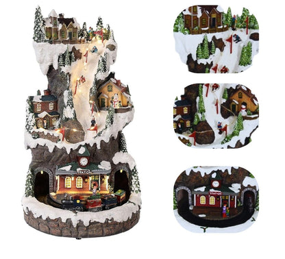 Villaggio Natalizio Paesaggio Pista Sci Trenino Luci Suoni Movimento 33x20 cm