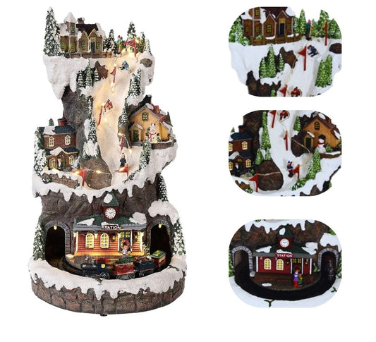 Villaggio Natalizio Paesaggio Pista Sci Trenino Luci Suoni Movimento 33x20 cm