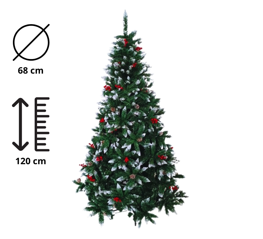 Albero di Natale 120 cm Folto Verde Pigne Bacche Punte Neve 194 Punte Ø 65 cm